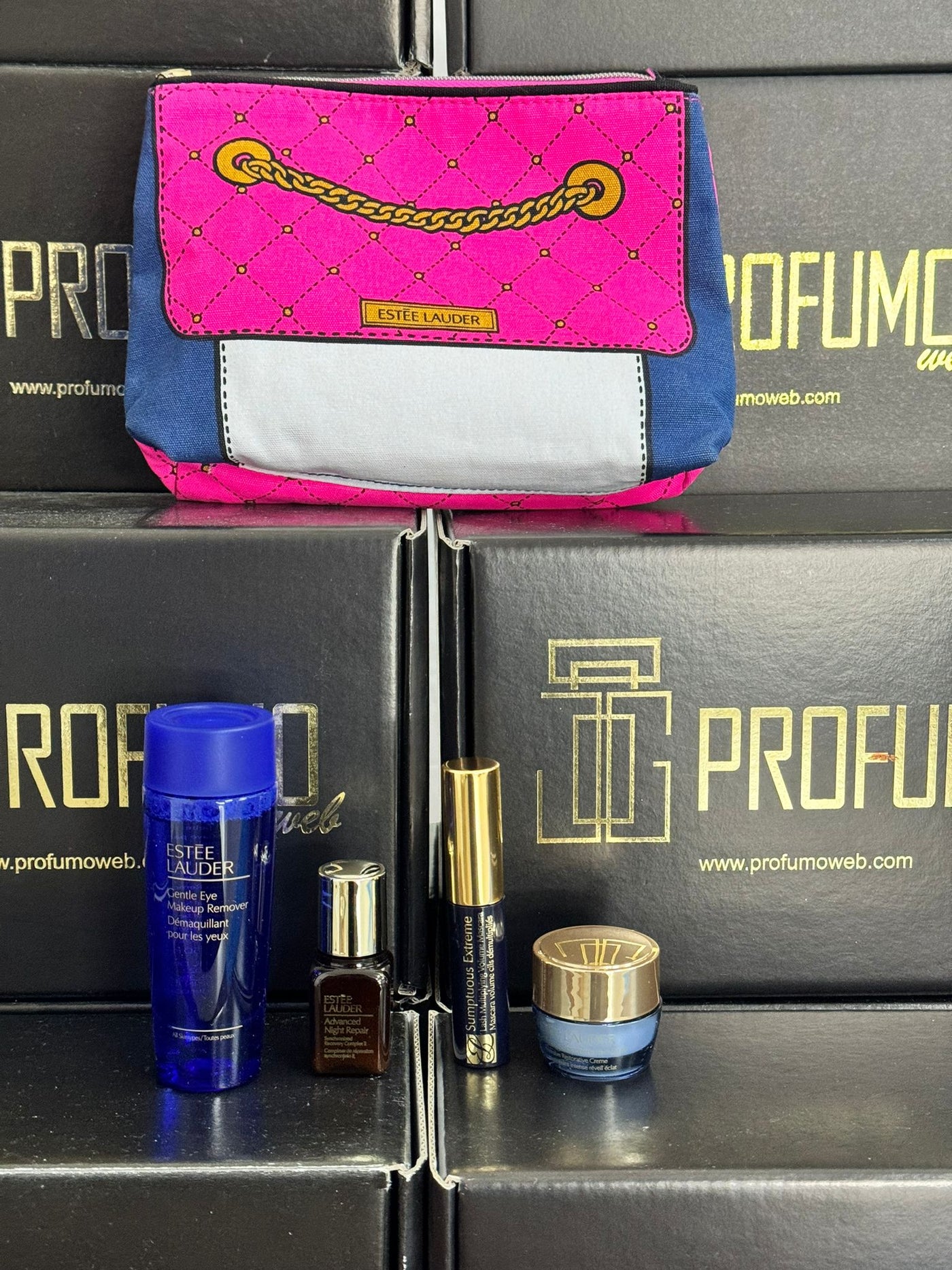 ESTEE LAUDER SET 4PZ CON POCHETTE ROSA E BLU TESTER