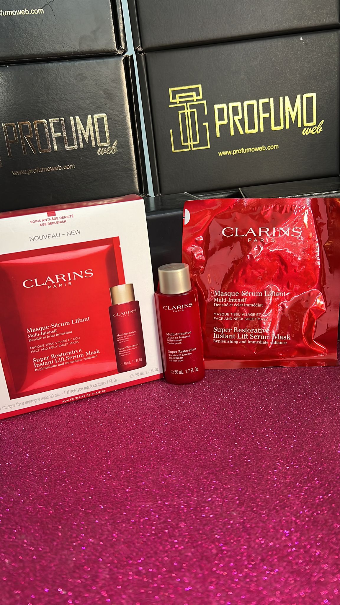 Kit Clarins Masque Serum Liftant + Super Restorative Instant Lift Serum Mask - Profumo Web